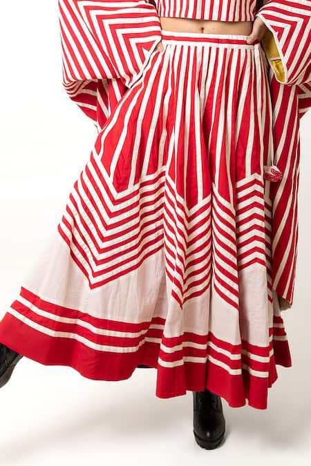 KA-Sha_Red Cotton Stripe Rachana Flared Skirt _Online_at_Aza_Fashions