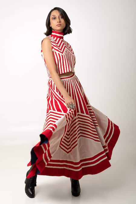 Buy_KA-Sha_Red Cotton Stripe Rachana Flared Skirt _Online_at_Aza_Fashions