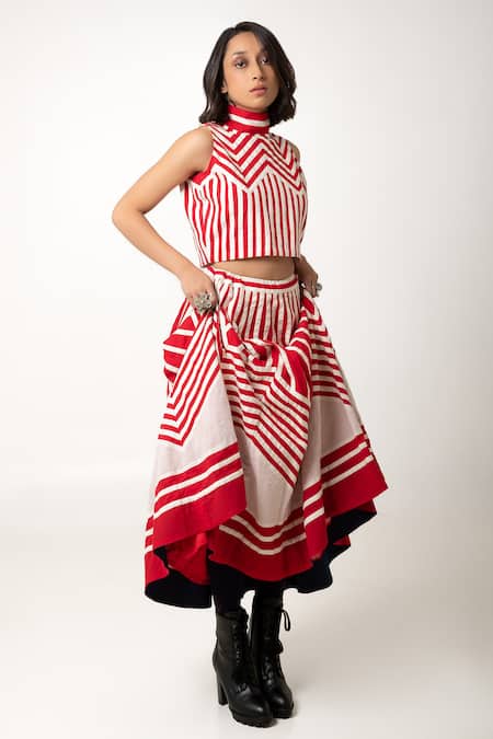 Shop_KA-Sha_Red Cotton Stripe Rachana Flared Skirt _Online_at_Aza_Fashions