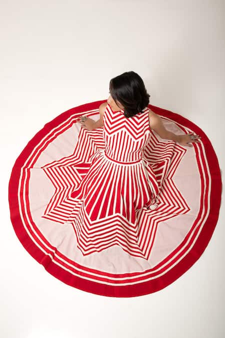 Buy_KA-Sha_Red Cotton Stripe Rachana Flared Skirt 