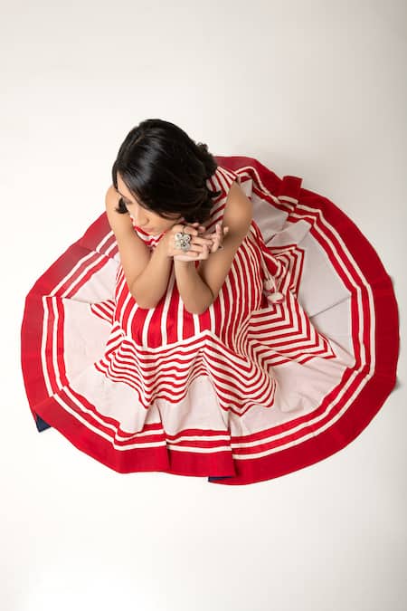 Shop_KA-Sha_Red Cotton Stripe Rachana Flared Skirt 