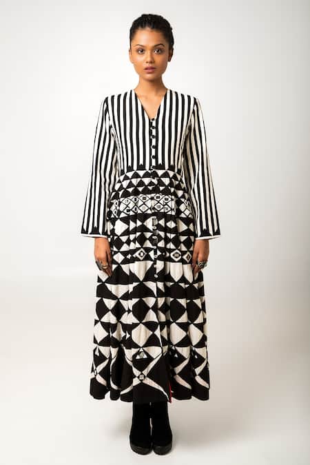 KA-Sha_Black Cotton Stripe V Neck Rumi Panelled A Line Dress _Online_at_Aza_Fashions