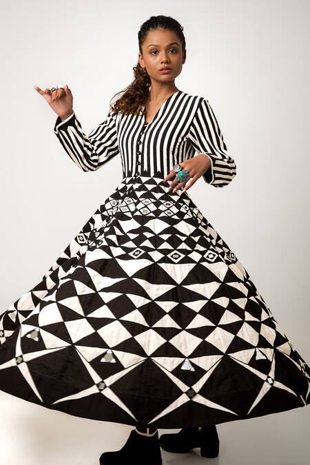 Buy_KA-Sha_Black Cotton Stripe V Neck Rumi Panelled A Line Dress _Online_at_Aza_Fashions