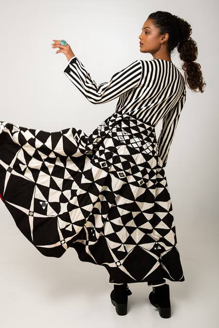 Shop_KA-Sha_Black Cotton Stripe V Neck Rumi Panelled A Line Dress _Online_at_Aza_Fashions