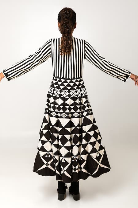 KA-Sha_Black Cotton Stripe V Neck Rumi Panelled A Line Dress _at_Aza_Fashions