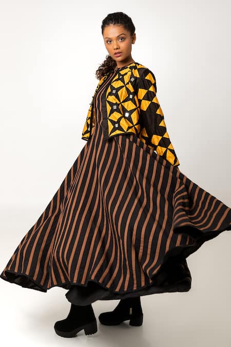 Shop_KA-Sha_Black Chanderi Embroidery Round Neck Sitara Mirror Crop Jacket _Online_at_Aza_Fashions