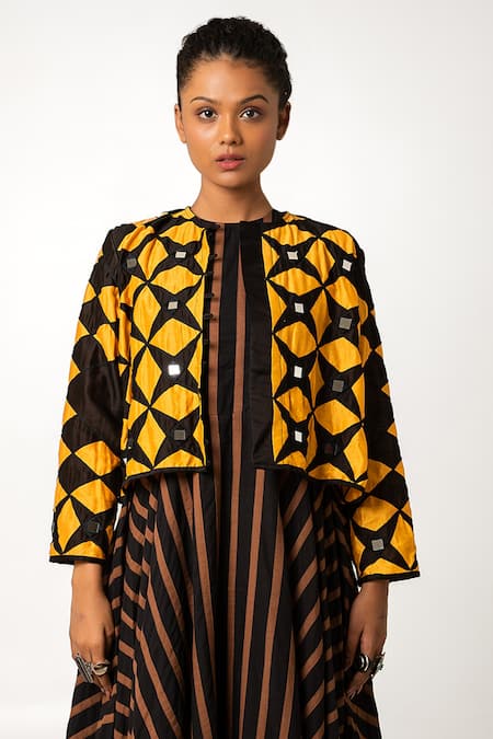 KA-Sha_Black Chanderi Embroidery Round Neck Sitara Mirror Crop Jacket _at_Aza_Fashions