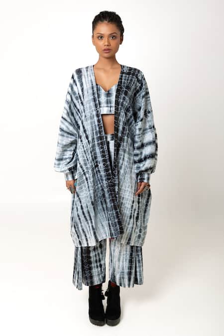 KA-Sha Black Silk Open Neck Vansh Tie-dye Pattern Overlay Top