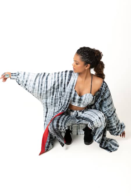 Shop_KA-Sha_Black Silk Open Neck Vansh Tie-dye Pattern Overlay Top _Online_at_Aza_Fashions