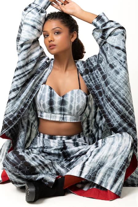 KA-Sha_Black Silk Open Neck Vansh Tie-dye Pattern Overlay Top _at_Aza_Fashions