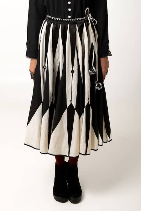 Shop_KA-Sha_Black Cotton, Maheshwari Mirrors Venus Geometric Pattern Embroidered Skirt _Online_at_Aza_Fashions