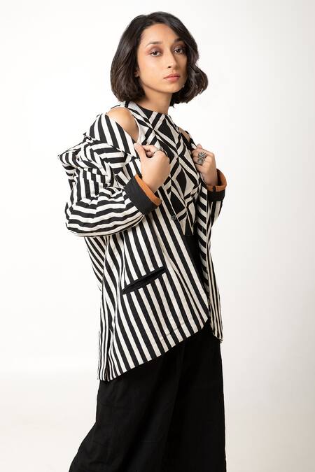 Buy_KA-Sha_Black Cotton Wasim Striped Long Sleeve Blazer _Online_at_Aza_Fashions
