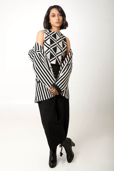 Shop_KA-Sha_Black Cotton Wasim Striped Long Sleeve Blazer _Online_at_Aza_Fashions