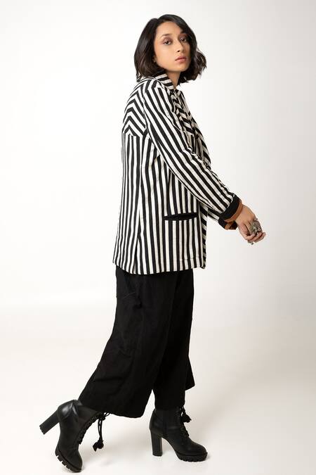 KA-Sha_Black Cotton Wasim Striped Long Sleeve Blazer _at_Aza_Fashions
