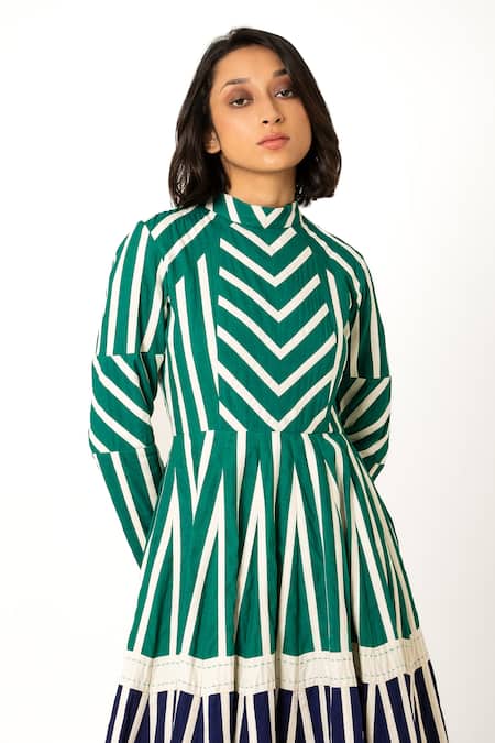 KA-Sha_Green Cotton Embroidered Applique Band Collar Lina Dress _Online_at_Aza_Fashions