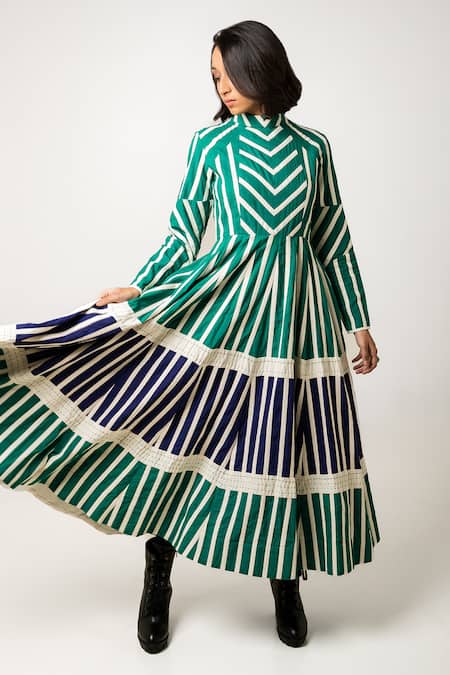 Buy_KA-Sha_Green Cotton Embroidered Applique Band Collar Lina Dress _Online_at_Aza_Fashions