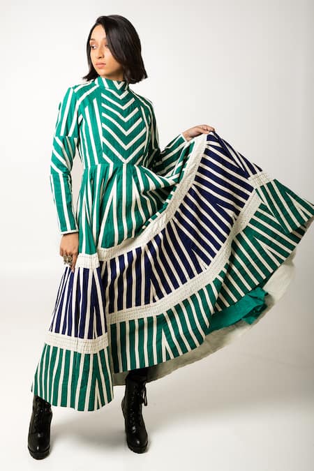 Shop_KA-Sha_Green Cotton Embroidered Applique Band Collar Lina Dress _Online_at_Aza_Fashions