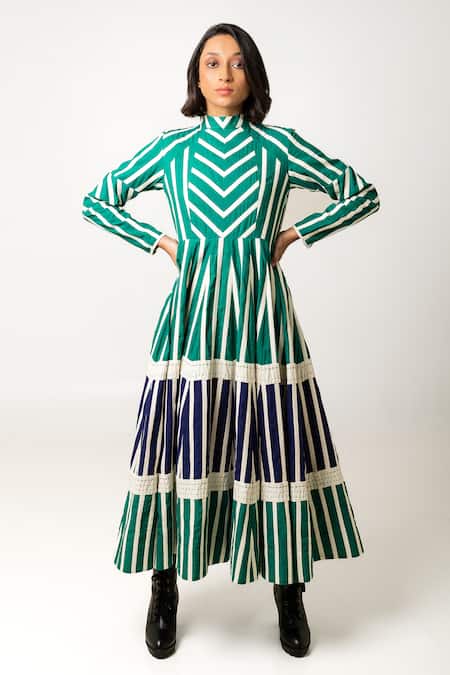 KA-Sha_Green Cotton Embroidered Applique Band Collar Lina Dress _at_Aza_Fashions