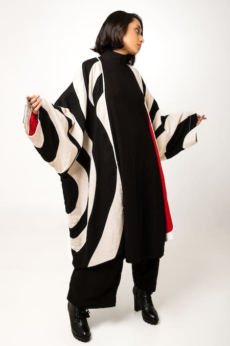 KA-Sha_Black Kota Doria Open Neck Moma Oversized Jacket _Online_at_Aza_Fashions