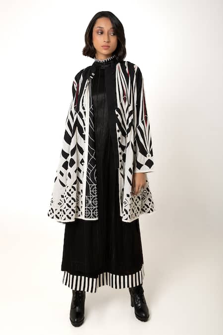 KA-Sha Black Cotton Embroidered Applique Front Open Panda Reversible Overlay