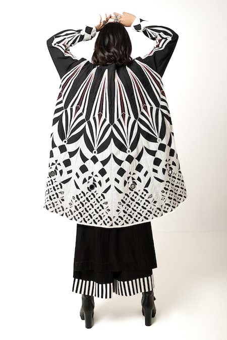 Shop KA-Sha Black Cotton Embroidered Applique Front Open Panda Reversible Overlay at Aza Fashions Shop_KA-Sha_Black Cotton Embroidered Applique Front Open Panda Reversible Overlay _at_Aza_Fashions