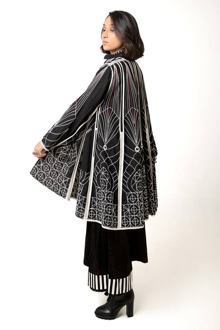 KA-Sha Black Cotton Embroidered Applique Front Open Panda Reversible Overlay at Aza Fashions KA-Sha_Black Cotton Embroidered Applique Front Open Panda Reversible Overlay _at_Aza_Fashions