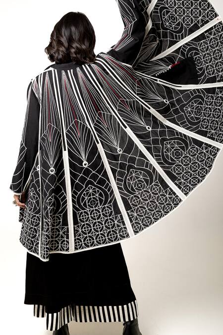 Buy KA-Sha Black Cotton Embroidered Applique Front Open Panda Reversible Overlay Buy_KA-Sha_Black Cotton Embroidered Applique Front Open Panda Reversible Overlay