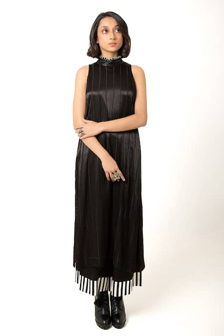 KA-Sha Black Mashru Silk Embroidered High Neck Tunic