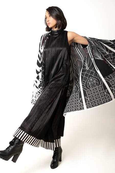 KA-Sha Black Mashru Silk Embroidered High Neck Tunic at Aza Fashions KA-Sha_Black Mashru Silk Embroidered High Neck Tunic _at_Aza_Fashions