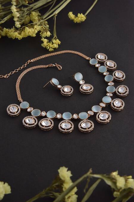 Swabhimann_Blue Diamonds, Stones Rose Gold Uncut Polki Necklace Set _Online_at_Aza_Fashions