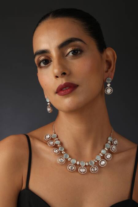 Buy_Swabhimann_Blue Diamonds, Stones Rose Gold Uncut Polki Necklace Set _Online_at_Aza_Fashions