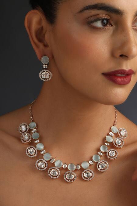 Shop_Swabhimann_Blue Diamonds, Stones Rose Gold Uncut Polki Necklace Set _Online_at_Aza_Fashions