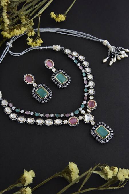 Swabhimann_Pink Diamonds, Stones Square Polki Embellished Necklace Set _Online_at_Aza_Fashions