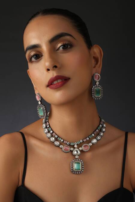 Buy_Swabhimann_Pink Diamonds, Stones Square Polki Embellished Necklace Set _Online_at_Aza_Fashions