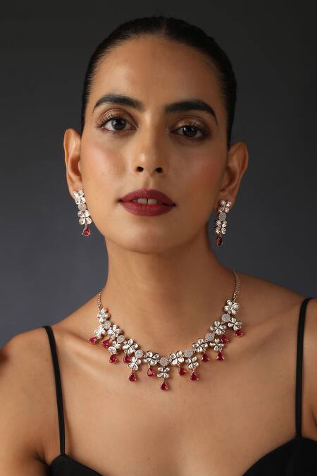 Shop_Swabhimann_Red Diamonds, Stones Floral Uncut Polki Work Necklace Set _Online_at_Aza_Fashions