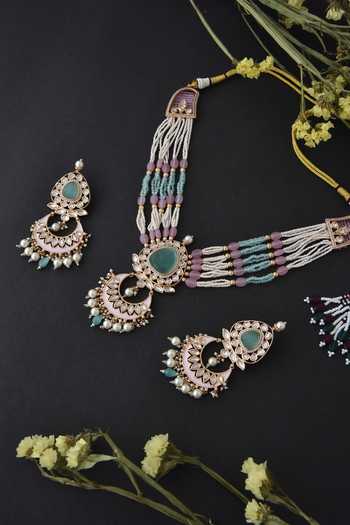 Swabhimann_Green Diamonds, Stones Polki Embellished Pendant Necklace Set _Online_at_Aza_Fashions