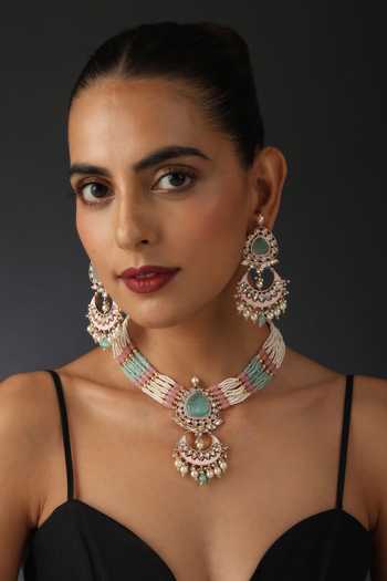 Buy_Swabhimann_Green Diamonds, Stones Polki Embellished Pendant Necklace Set _Online_at_Aza_Fashions