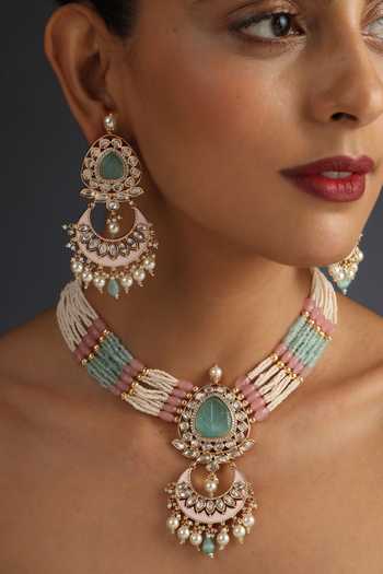 Shop_Swabhimann_Green Diamonds, Stones Polki Embellished Pendant Necklace Set _Online_at_Aza_Fashions