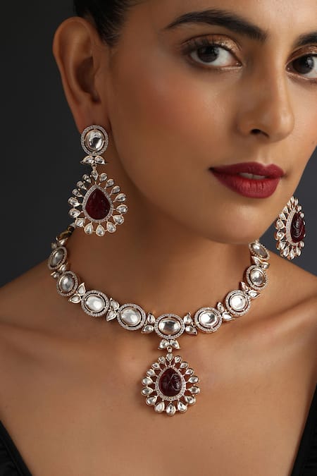 Shop_Swabhimann_Red Cut Work, Stones Embellished Pendant Necklace Set _Online_at_Aza_Fashions
