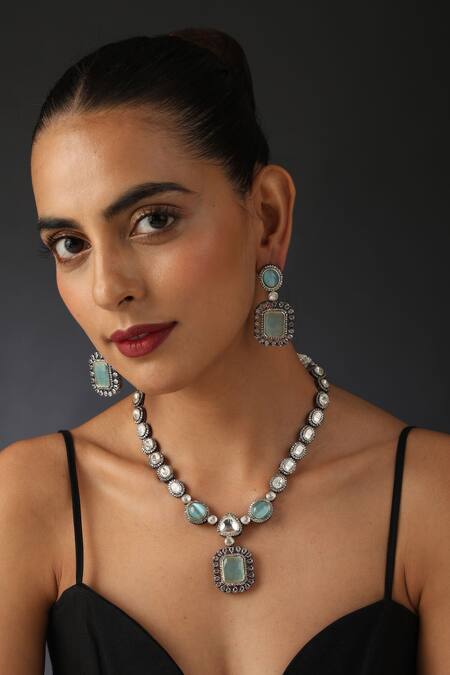 Buy_Swabhimann_Blue Diamonds, Stones Uncut Polki Work Necklace Set _Online_at_Aza_Fashions