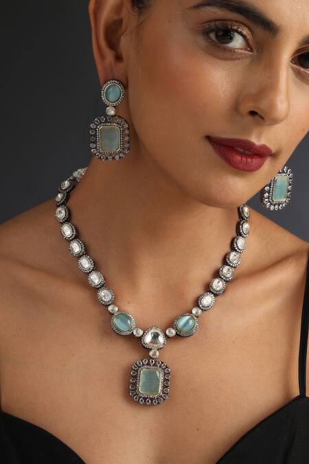 Shop_Swabhimann_Blue Diamonds, Stones Uncut Polki Work Necklace Set _Online_at_Aza_Fashions