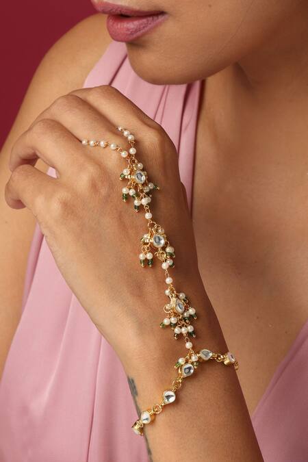 Buy_Swabhimann_Gold Plated Pearls, Diamonds Kundan And Embellished Haathphool _Online_at_Aza_Fashions