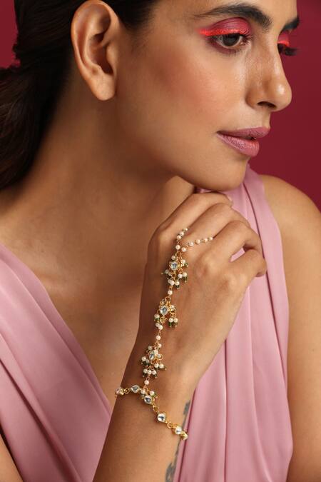 Shop_Swabhimann_Gold Plated Pearls, Diamonds Kundan And Embellished Haathphool _Online_at_Aza_Fashions