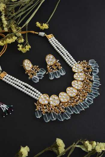 Swabhimann_Blue Pearls, Diamonds Kundan And Embellished Necklace Set _Online_at_Aza_Fashions