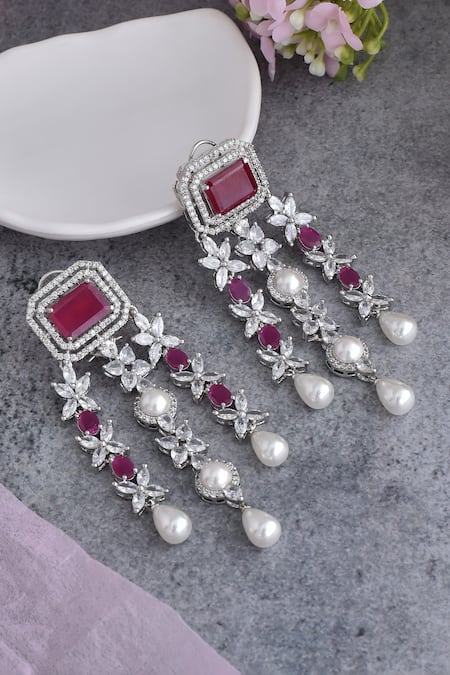 Shop_Swabhimann_Red Pearls, Zari Zirconia Embellished Earrings _at_Aza_Fashions