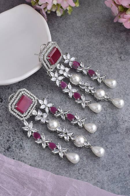 Swabhimann_Red Pearls, Zari Zirconia Embellished Earrings _Online_at_Aza_Fashions