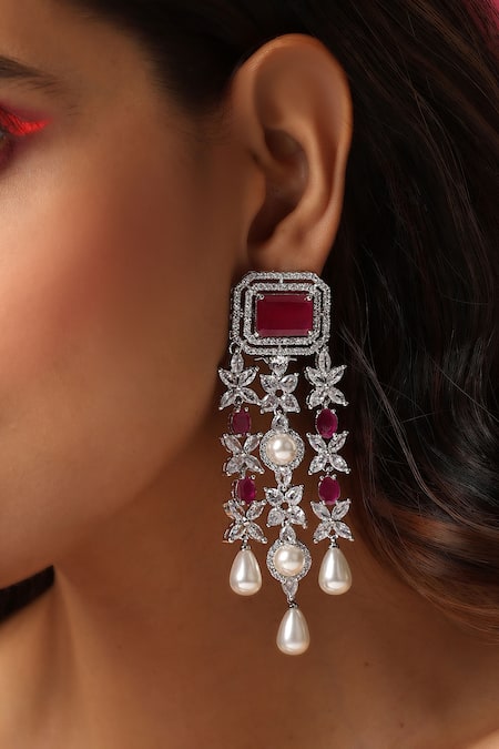 Buy_Swabhimann_Red Pearls, Zari Zirconia Embellished Earrings _Online_at_Aza_Fashions