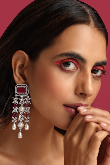 Shop_Swabhimann_Red Pearls, Zari Zirconia Embellished Earrings _Online_at_Aza_Fashions