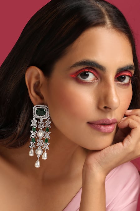 SWABHIMANN Green Zirconia Embellished Dangler Earrings 