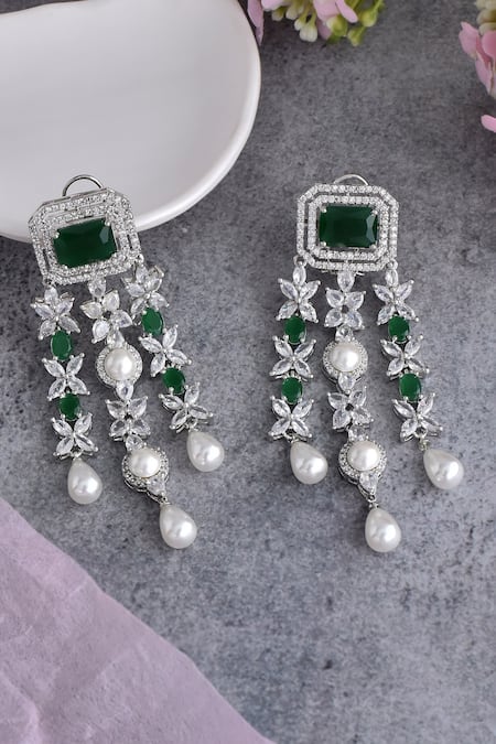Shop_Swabhimann_Green Pearls, Zari Zirconia Embellished Dangler Earrings _at_Aza_Fashions